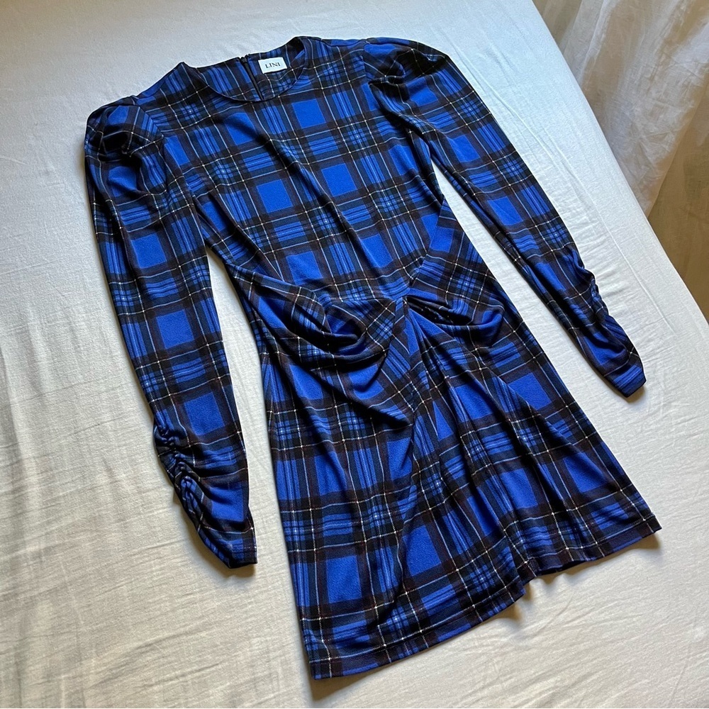 Lini blue plaid draped long sleeve mini dress